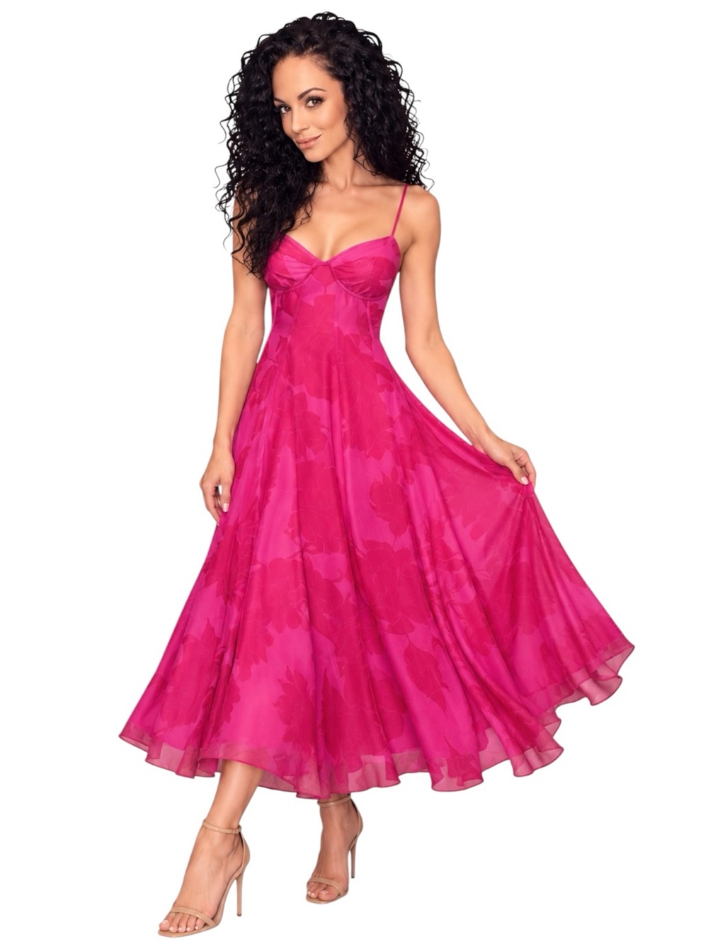 AJE Sway Paneled Red & Pink Fluorescent Rose Spaghetti Strap Midi Dress